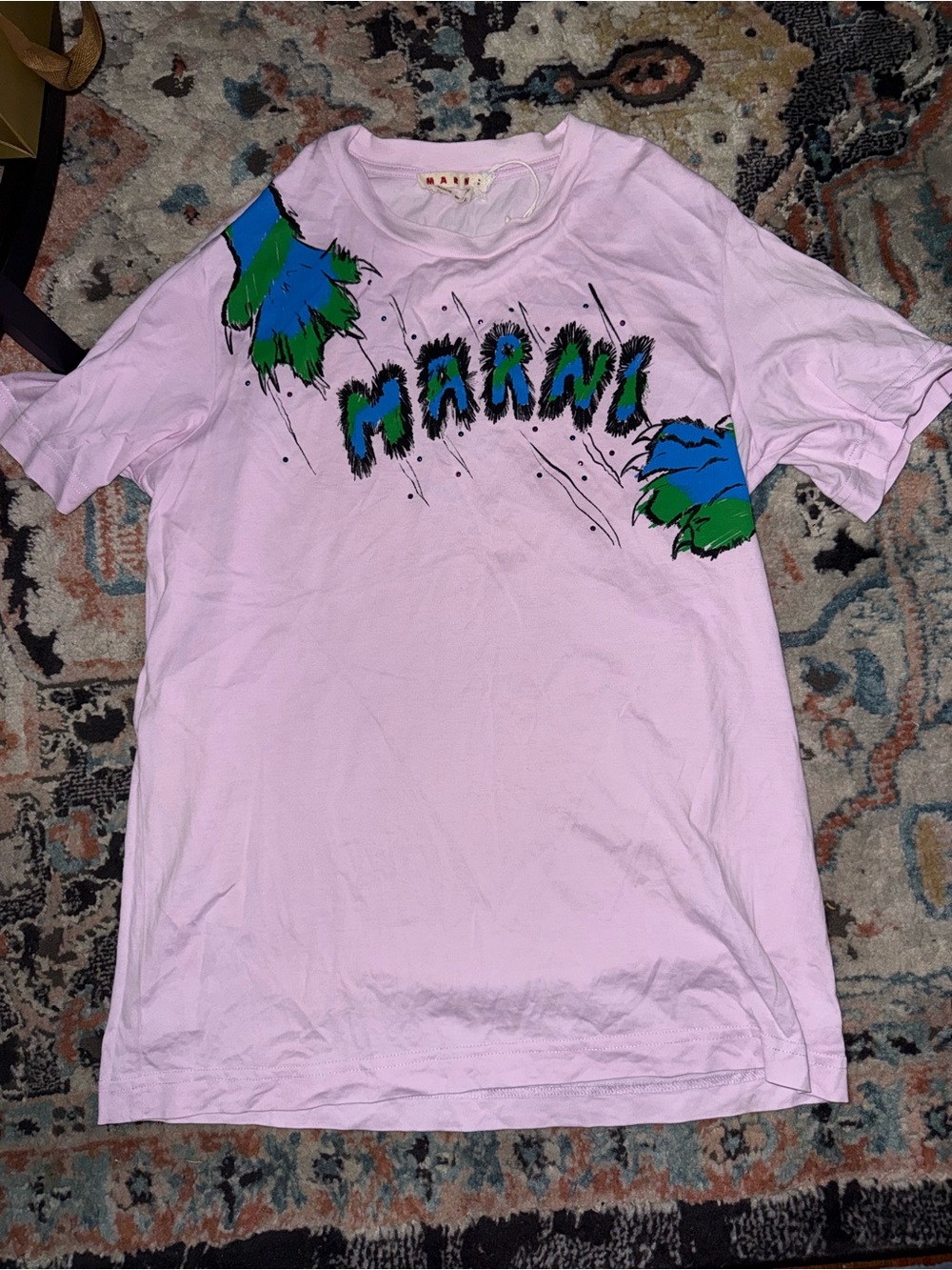 Marni Light Pink Short-Sleeve Logo Tee with Green and Blue Graphic